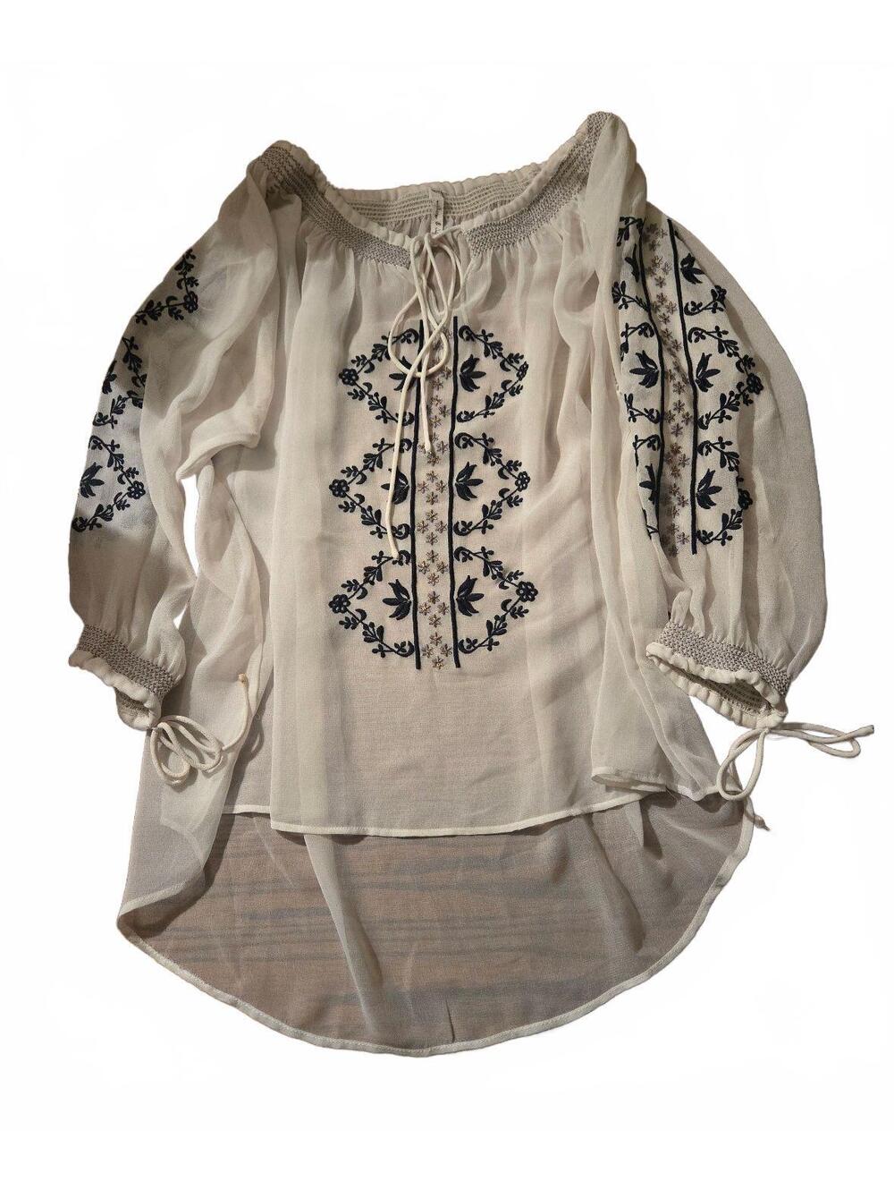 Willow & Clay White Black Embroidered Boho Peasant Blouse Off Shoulder Top S
